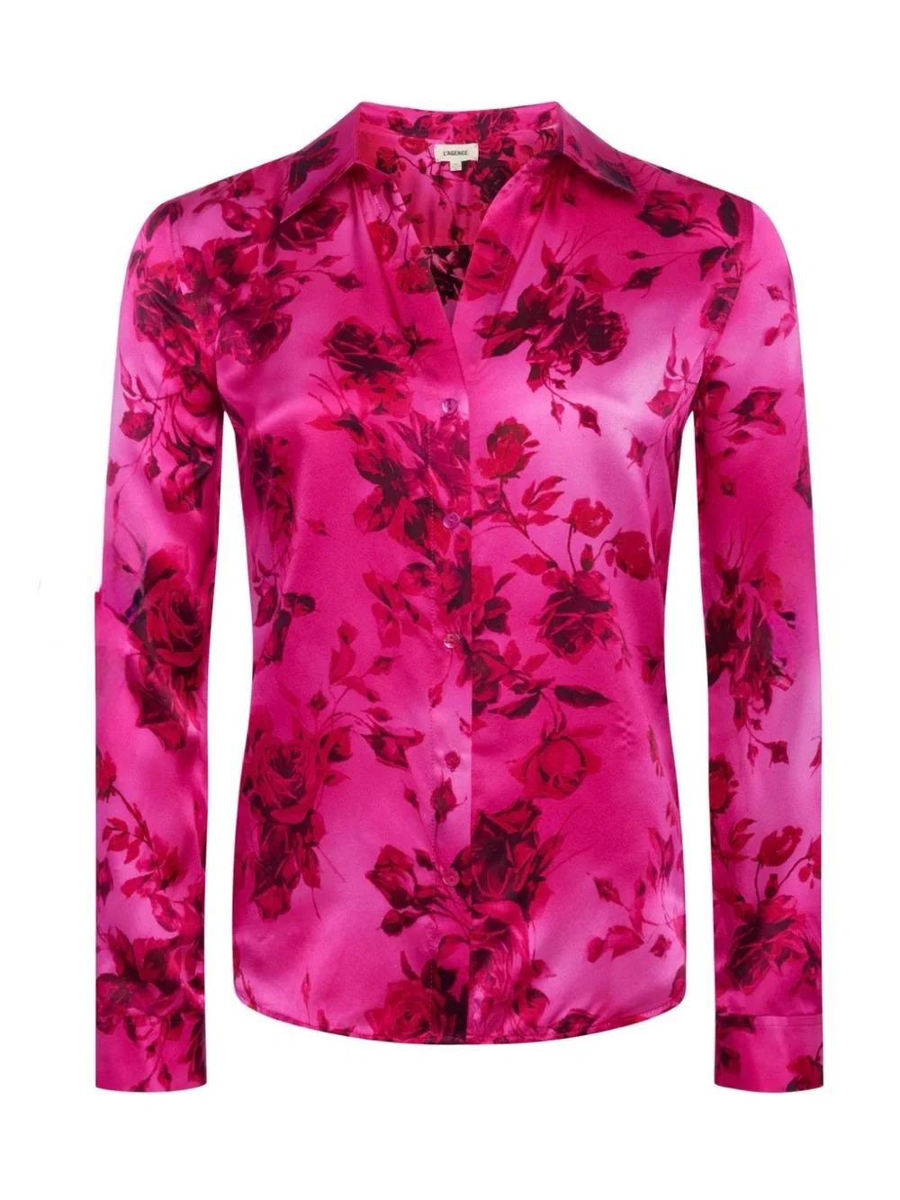 L’Agence Tyler Silk Floral Split-Neck Button Front Blouse - Fuchsia Pink size M - Picture 9 of 10